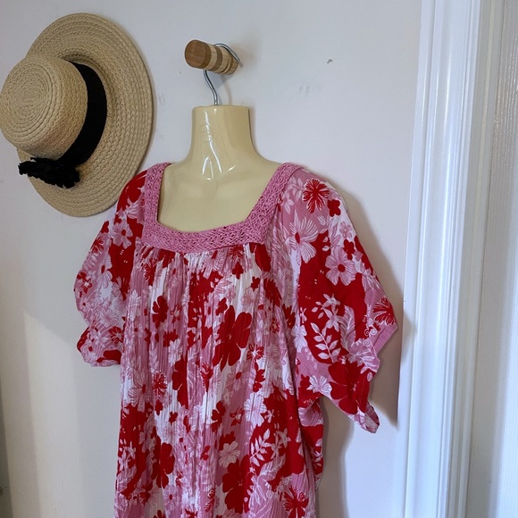 Vintage 100% cotton floral midi muumuu with square embroidered neckline, size XL - Picture 6 of 12